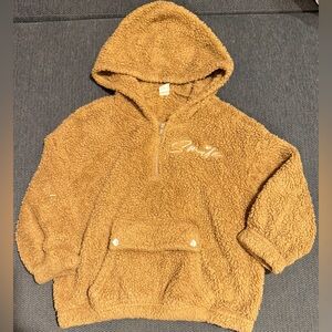 Shein Girls Smile Fuzzy Pullover Jacket sz 5Y with Hood Front Pocket Brown
